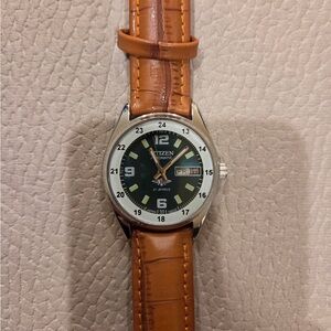 Citizen Watch with Tan Leather Strap and Green Dial